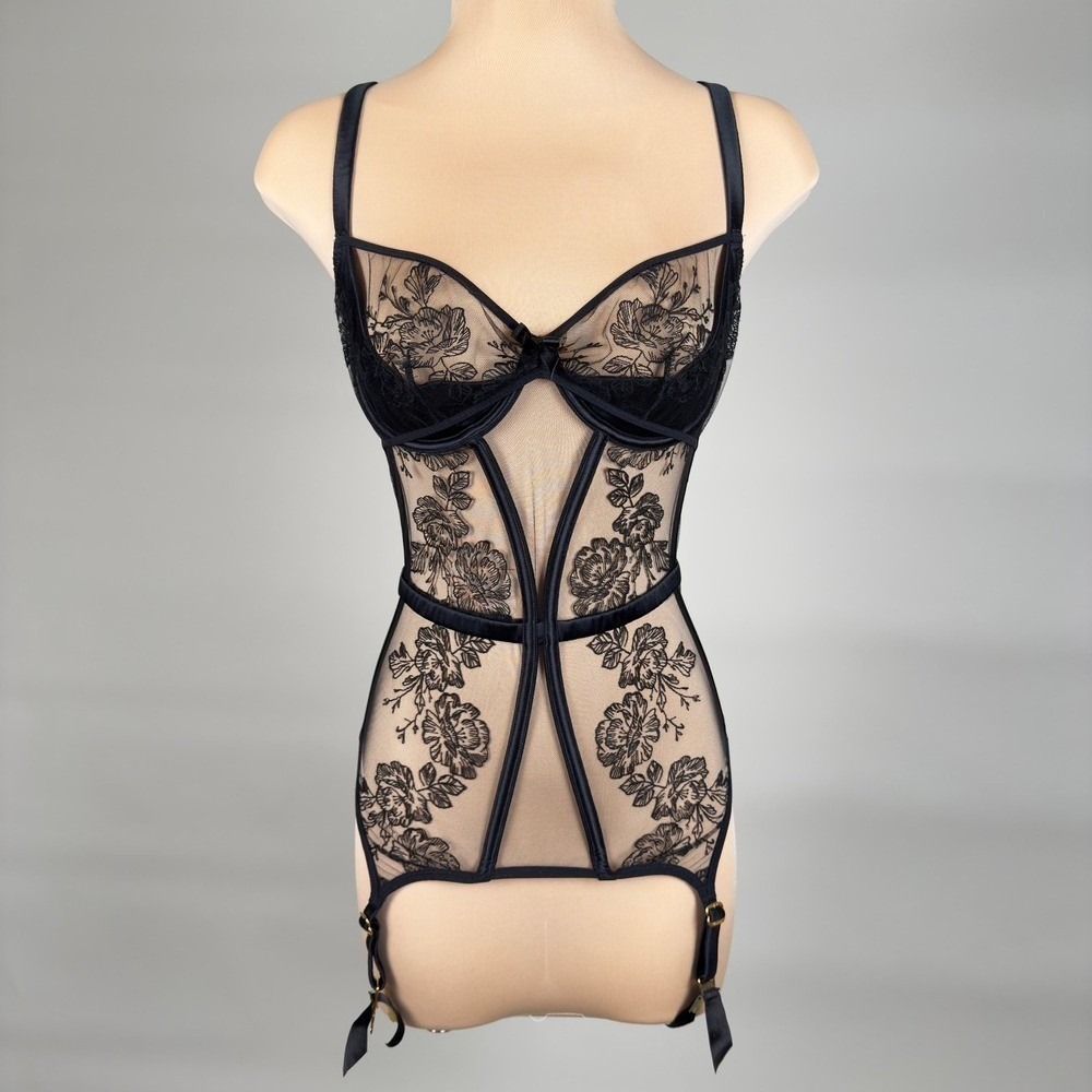 Agent Provocateur Black Gloria Basque Floral Lace Corset 34D - Picture 2 of 7